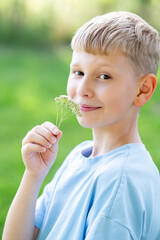 Obraz premium Teen blond boy smelling a wildflower on green meadow, summer childhood and nature concept