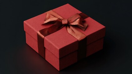 Obraz premium Red gift box with a bronze ribbon bow on a dark background