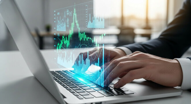 Businessman working on laptop with holographic financial data projection, futuristic business technology concept in sharp focus.