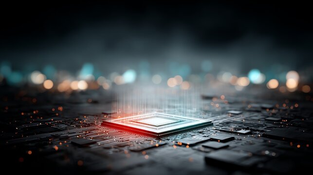 A glowing microchip, central to a complex circuit board, is dramatically illuminated against a blurred, futuristic cityscape backdrop, evoking innovation and technological advancement.