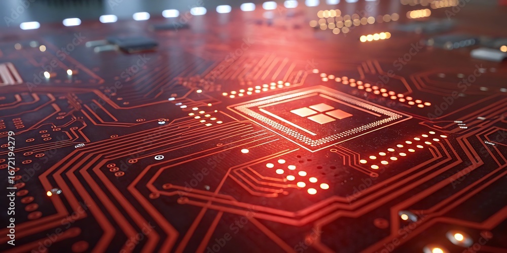 Fototapete close up view of a glowing red circuit board with intricate pathways and a central illuminated chip 