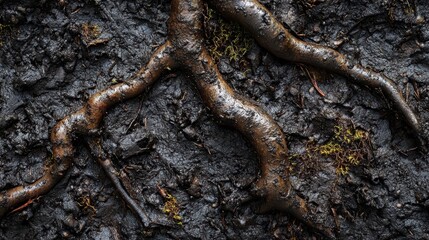 Dark, wet tree roots protrude from the muddy ground with small green moss. Excellent for nature, growth, or earth-related themes and backgrounds.