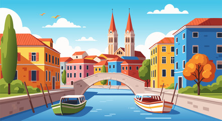 Colorful Cartoon Illustration of Venice Canal, Boats, and Buildings in a Vibrant Scene © DOLARRIZ JHON