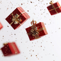 Explosion of gifts falling down close-up, isolated, on white background. Illustration, concept of holiday, happiness.