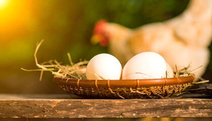Two white eggs in a rustic woven basket, nestled in straw, with a hen blurred in the background, bathed in sunlight