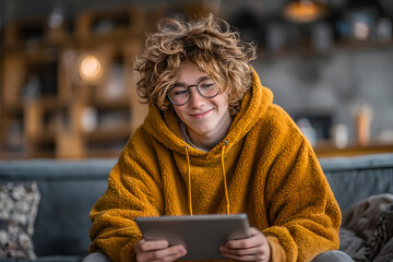 Beautiful smiling teen reading new trend stories onlne on tablet. Technology adicted young boy watching ocial video at home. Teenaer communicate with generaion z remote friend Youth ech concept