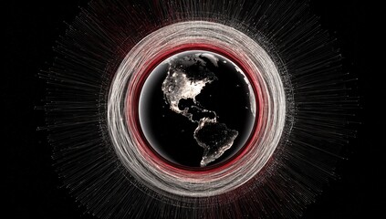 A digital representation of Earth, surrounded by concentric rings and radiating lines