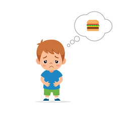 Sad Hungry Kid Holding Stomach Thinking of Fast Food Burger – Cute Vector Illustration of Unhappy Child Feeling Hungry and Craving Junk Food for Nutrition Concept