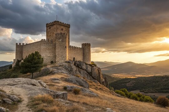 Majestic stone castle perched atop rocky outcropping under dramatic sunset sky