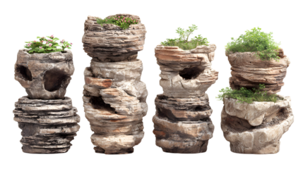 Exquisite natural rock planters with lush greenery and delicate flowers, perfect for unique garden decor. isolated on white background