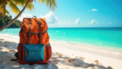 A lone backpack sits on a sun-drenched beach, overlooking a vibrant turquoise ocean, symbolizing the freedom and adventure of global travel , journey, global