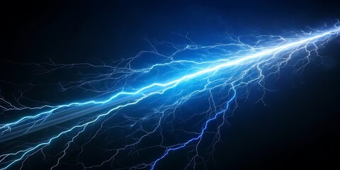Fototapeta premium A powerful bolt of bright blue and white lightning streaks across a dark night sky illuminating the atmosphere with electric energy and a vibrant glow