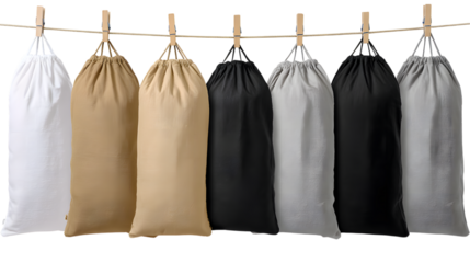 Seven colorful drawstring bags hang neatly on a clothesline, perfect for storage and organization solutions isolated on white background
