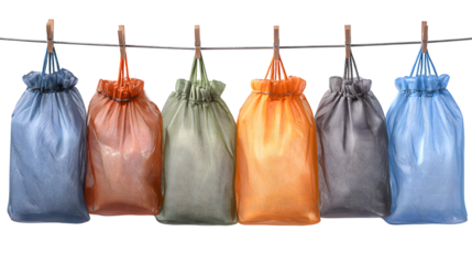 Vibrant mesh drawstring bags hang neatly on a clothesline, offering colorful storage solutions for everyday use isolated on white background
