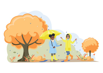 Cheerful girls walking in the rain in the autumn park. Vector illustration of autumn nature.