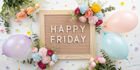 Happy friday greeting card with spring flowers, balloons, and an Easter egg decoration