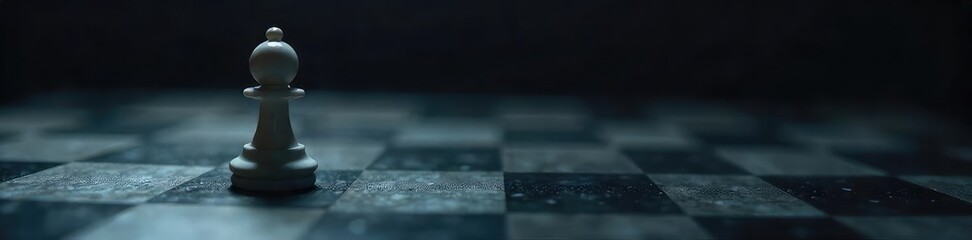 A lone chess piece, a white pawn, advances across a dark, polished chessboard  The focus is on the pawn and its movement, representing a strategic step forward ,  texture,  dark,  competition