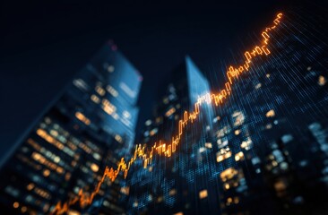 City skyline at night with financial chart overlay
