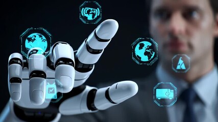 Robotic hand reaching out towards businessman with futuristic artificial intelligence collaboration concept - Powered by Adobe