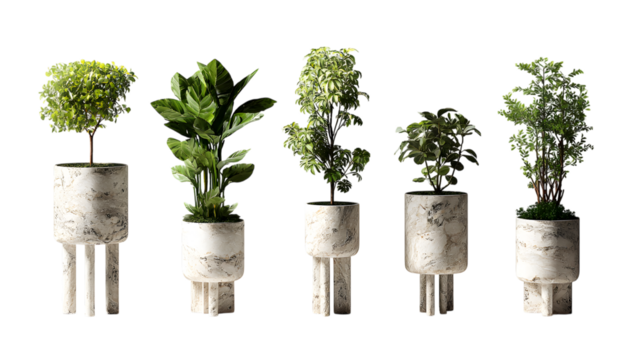 Elegant potted plants with unique marble stands bring natural beauty and modern sophistication to any space. isolated on white background