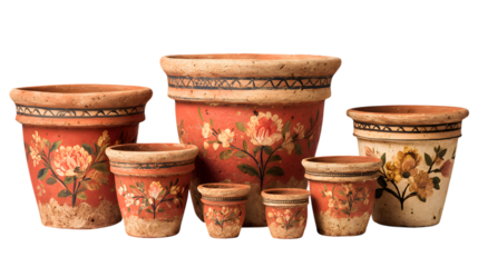Vintage terracotta pots adorned with vibrant floral designs bring rustic charm to any garden or home decor setting. isolated on white background