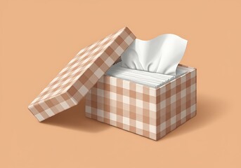 Box of tissues with a checkered pattern on a peach background