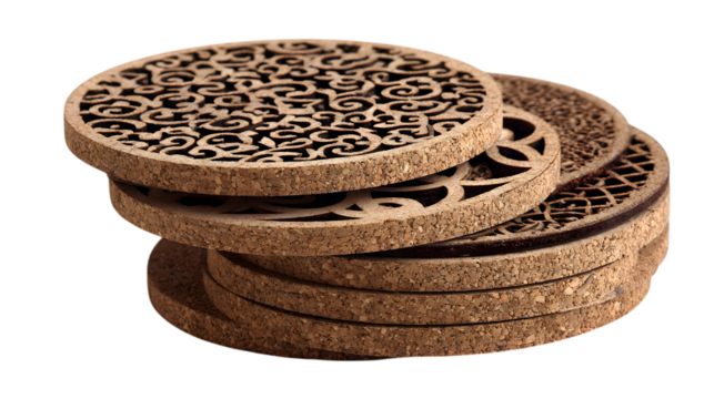Stylish cork coasters with intricate carved patterns add natural elegance to any table setting isolated on white background