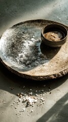 Rustic ceramic plate with coarse sea salt and stone bowl of mustard on textured surface
