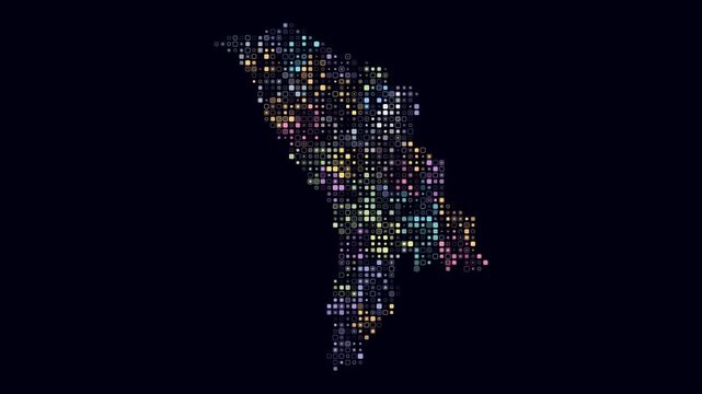 Moldova map animation. Shape of the country with pulsating colored dots. Small size rounded square blocks. Digital style Moldova map on dark background. Abstract video.
