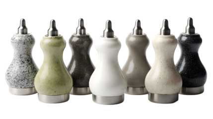 Elegant ceramic spice grinders in various stylish textures add modern charm to any kitchen countertop. isolated on white background
