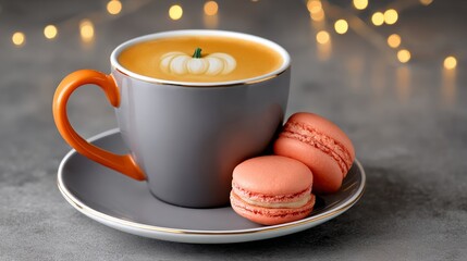 Warm pumpkin spice latte in a gray cup with orange handle, accompanied by pink macarons on a plate, set against a softly blurred background with twinkling lights creating a cozy atmosphere