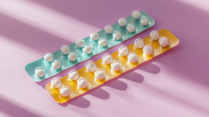 Birth control pills in stripe with soft shadows on pink background, World Contraception Day.