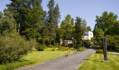 Benches around the sidewalk in the arboretum. Park with various types of plants. Sunny day in the arboretum. Ancient building in the Gothic style in the background. Walks in nature, flower park.