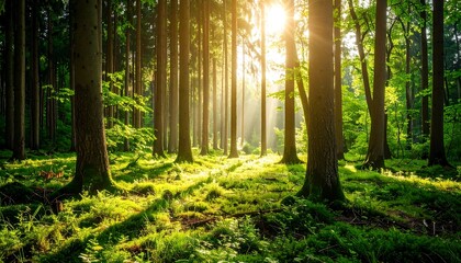 Obraz premium Sunrise in Lush Green Forest.