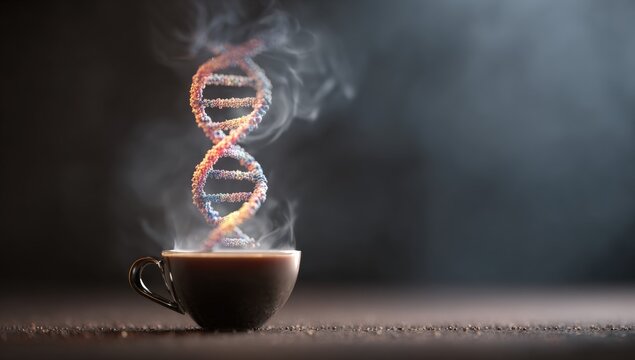 DNA molecule rising from a cup of coffee - Powered by Adobe