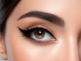 Fototapeta premium Detailed beauty photography captures a perfectly applied matte black eyeliner, groomed eyebrows, and the intricate details of a woman's eye, creating a glamorous look.