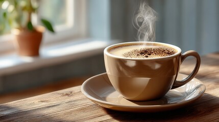 Obraz premium Warm cup of steaming coffee placed on wooden table, with soft sunlight illuminating the scene, creating a cozy atmosphere perfect for relaxation and enjoyment of a morning beverage experience