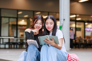 Two young women sitting on university steps, reviewing notes together and enjoying a cheerful moment of collaboration and friendship