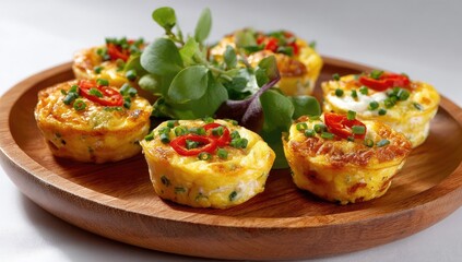 Savory baked egg bites with herbs and peppers arranged on a wooden plate, garnished