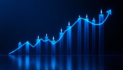 Blue graph with ascending candles and a bold upward arrow reflecting on a dark surface.