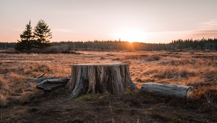 Sunrise over a field with a tree stump