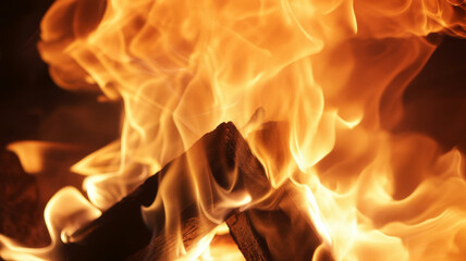 Fiery dance of warm flames engulfing dark logs creating a mesmerizing intense glow.