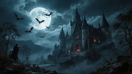Gothic castle under a full moon bats in the sky figure in a cloak observing the eerie scene.