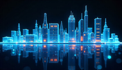 Futuristic city skyline glowing with blue light reflected on a dark glossy surface.