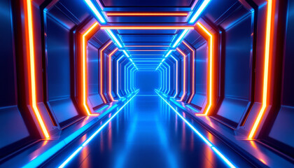 Infinite neon corridor with glowing blue and orange lights reflecting on the polished floor.