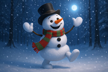 Joyful snowman dances under a full moon in a snowy forest wearing a top hat and striped scarf.