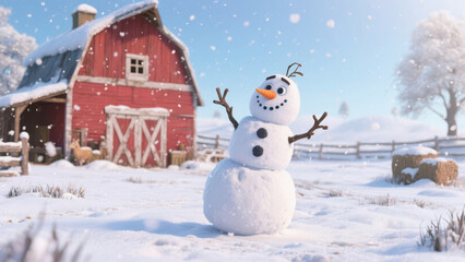 Joyful snowman stands before a snow-covered red barn on a bright winter day.