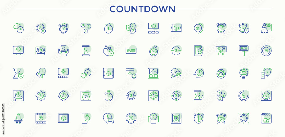 Aufkleber countdown colorful icon set in linear style. it contains symbols to date, date and time, watch, time
