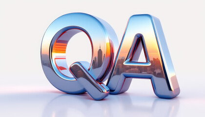 Shiny chrome letters QA reflect a vibrant city skyline at sunset.