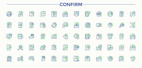 Confirm colorful linear icon collection. Contains such icons as mark, right, tick, approve and more. Vector outline icons collection. Signs simple icon set. Editable stroke. Vector collection.